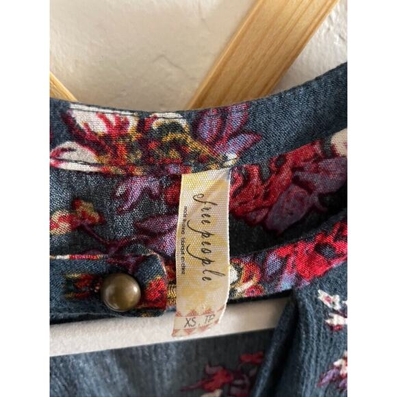 Free People Mini Swing Dress XS Blue Floral Long Balloon Sleeves Tunic Top - Picture 5 of 7